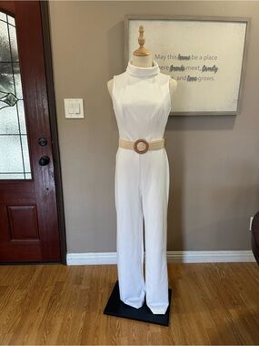 MARINA White Sleeveless High-Neck Jumpsuit with Woven Belt